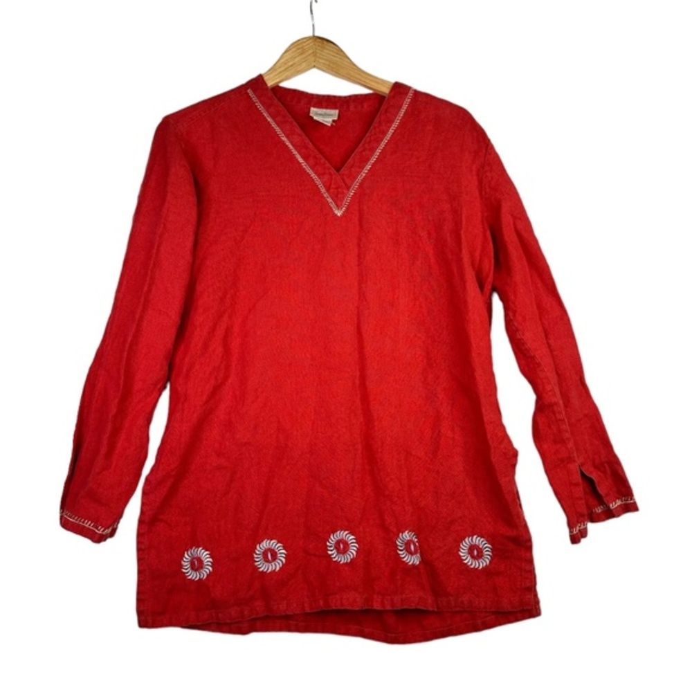 Neiman Marcus Rust Red Linen Tunic Top‎ Embroidered V-Neck Long Sleeve Size M